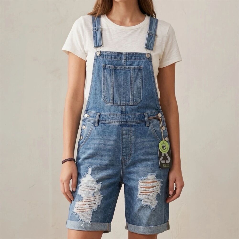 NWT Indigo Rein Distressed High Waist Relaxed Shorts Overalls Sz 7 Cuffed Romper